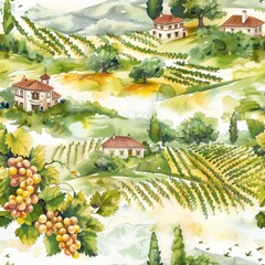 Poster - A watercolor painting depicts a picturesque scene of rolling hills with vineyards and Italian villas. The painting captures the beauty of the Italian countryside with its lush greenery, winding roads,