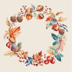 Aufkleber - This is a watercolor painting of a wreath made from autumnal elements, including berries, acorns, and pine cones. The leaves are in shades of red, orange, and yellow, and the berries are blue, red, an