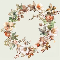 Poster - This image features a watercolor painting of a circular wreath made of fall flowers, leaves, and berries. The wreath is predominantly brown and white, with hints of orange and green. The flowers are d