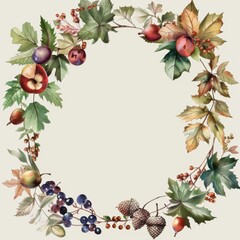 Poster - A watercolor illustration depicting a circular wreath composed of autumnal elements. Green and brown leaves, red berries, plums, and apples form a visually appealing frame around a blank space. The wr