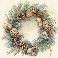 Poster - This is a watercolor painting of a pine cone wreath. The wreath is made up of pine branches and pine cones. There are also some berries and acorns in the wreath. The background is a soft beige color.