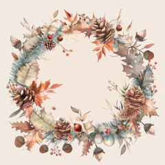 Aufkleber - This image depicts a watercolor wreath with autumn leaves, pine cones, and berries. The wreath is circular and arranged in a natural, flowing pattern, creating a sense of organic beauty. The leaves ar