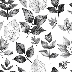 Poster - A seamless repeat pattern featuring a variety of leaves in black and white watercolor illustrations. The leaves are drawn in a realistic style and are arranged in a repeating pattern on a white backgr