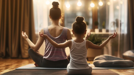 Sticker - A woman and a child practicing yoga together in a serene indoor setting with soft lighting.