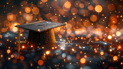 3D rendering of a blurred background with sparkling golden bokeh lights and a closeup of a graduation cap.