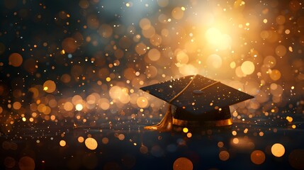 Wall Mural - 3D rendering of a blurred background with sparkling golden bokeh lights and a closeup of a graduation cap.