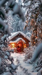 Poster - A Cozy Cabin in the Snowy Forest on a Winter Evening