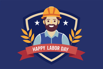 A happy labor day emblem featuring a man in a hard hat