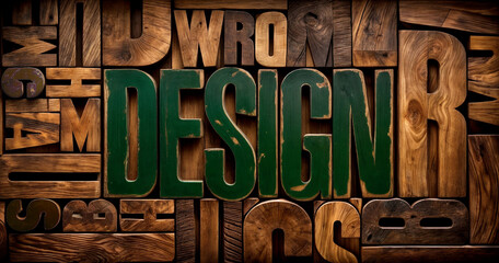 3d illustration render of a graphic design of the word DESIGN written in a bold, stylized font with a wooden texture background.