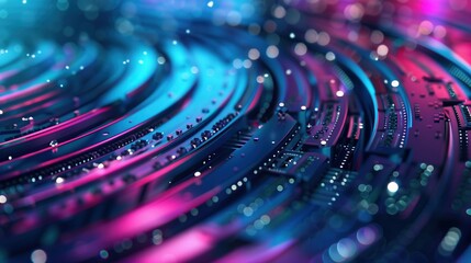 Aufkleber - close up of circular circuit board with swirling blue pink lights highlights technology background