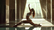 © OMD - A woman practicing yoga indoors in a serene setting, performing a low lunge pose. She is dressed in white sportswear, lit by soft natural light.