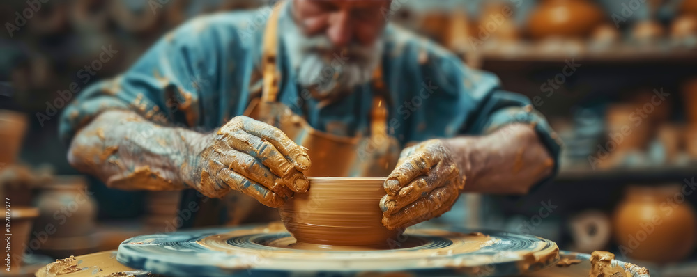 Potter Texture Pottery. A talented potter shapes clay on a potter's wheel, creating a ...