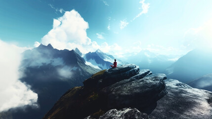 Poster - Person in red meditating on a rocky mountaintop with a vast mountainous landscape and clouds in the background under a clear blue sky.