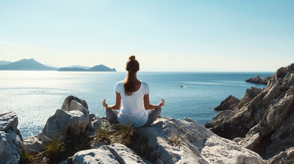 Wall Mural - Woman meditating on a rocky cliff overlooking a serene sea and distant mountains under a clear sky.