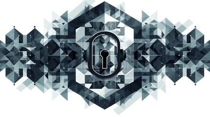 Poster - Geometric abstract secure lock pattern in grayscale, representing data security, encryption, and cyber protection.
