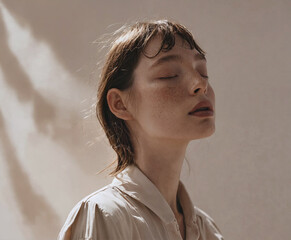 Wall Mural - This is a photograph of a young woman with her eyes closed. She has short brown hair and is wearing a beige shirt. The background is out of focus.

