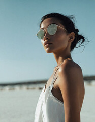 Wall Mural - A young woman wearing sunglasses is standing in a bright outdoor setting. She is wearing a white dress and has her hair in a bun.

