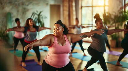 Sticker - Group of overweight women practicing yoga in a sunlit studio, focusing on their balance and breathing in a supportive environment.