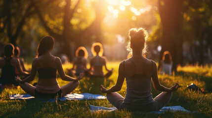 Poster - Group of people practicing yoga in a park during sunset, sitting on mats and meditating in a tranquil natural setting.