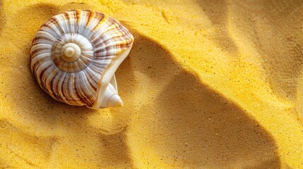 Wall Mural - Close up view of a lovely seashell on yellow sand under sunlight Top perspective with space for text