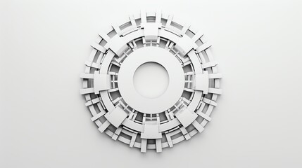 Poster - Abstract white geometric circular structure with intricate details on a minimal white background, resembling a futuristic design.