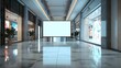 © horizon - A mockup of an empty digital billboard in the middle of a mall, featuring white space for advertising copy and surrounded by busy storefronts with glass windows.