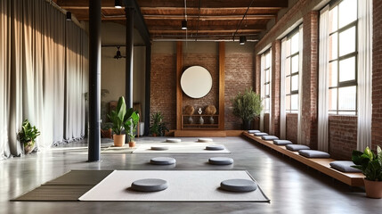 Wall Mural - A spacious, well-lit yoga studio with large windows, wooden ceiling, brick walls, yoga mats, meditation cushions, and indoor plants.