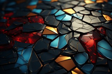 Poster - abstract shattered glass background with red blue and gold colors