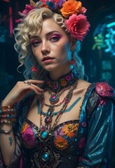Wall Mural - portrait of a beautiful blonde woman with flowers and jewellery in the style of a gypsie tarrot psychic..