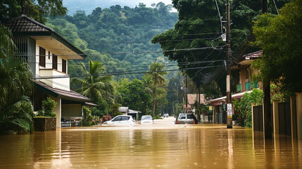 Wall Mural - Residential street flooded with water, partially submerging cars and surrounding greenery. Houses and trees are visible with a mountainous background.