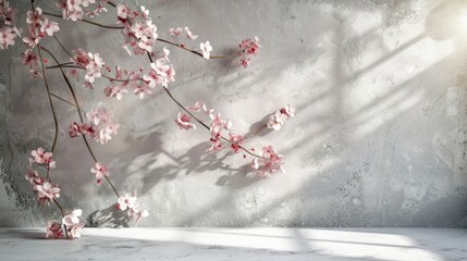 Poster - Cherry Blossom Shadow on Concrete Wall Texture for Cosmetic Product Display