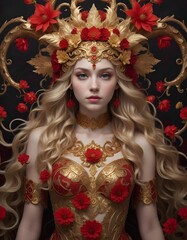 Beautiful blonde woman in flowers wearing venetian carnival outfit..