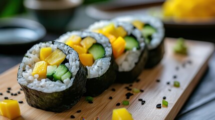 Canvas Print - Close-up of sushi rolls with rice, seaweed, mango, and cucumber on a wooden board with scattered sesame seeds.