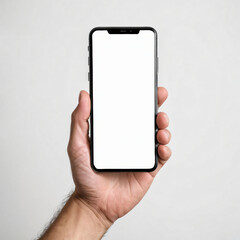 Man's hand shows mobile smartphone with white screen in vertical position isolated on white background,