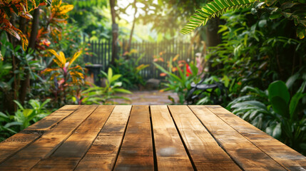 Wooden table in outdoor garden setting with lush green plants and foliage, creating a tranquil natural environment.