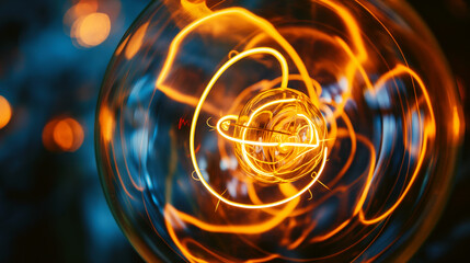 Sticker - Close-up of a glowing filament in a light bulb against a blurred blue background.