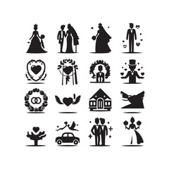 bride & groom, unique floral half moon love  black vector silhouette bride groom unique design icons bundle silhouette vector image with withe backgrounds
