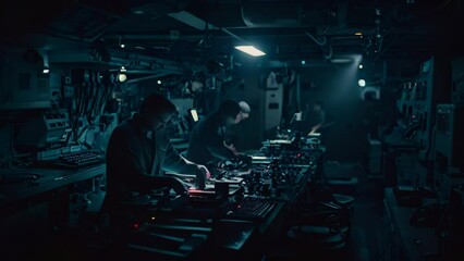 Poster - men actively working together in a large room onboard an aircraft carrier, an aircraft carrier inter