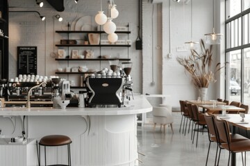 A coffee shop with white walls and black accents, featuring an elegant bar counter with two large espresso machines at the center of it. The space also includes minimalistic furniture