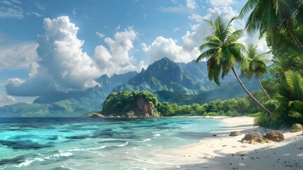 Wall Mural - A tropical island with palm trees and clear blue water, surrounded by mountains. This scene captures a serene atmosphere that makes for a perfect holiday spot or travel backdrop.