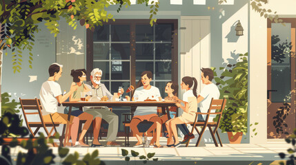 Wall Mural - Illustration of a multi generational family enjoying lunch together in a bright and airy kitchen