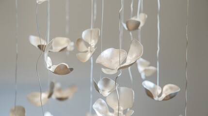 Sticker - Elegant floating metal leaves art installation with soft lighting