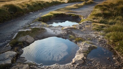 The water pools in the road s holes are incredibly lovely