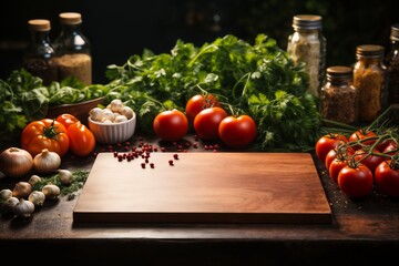 Wall Mural - tomatoes and greens and bottles with oil on a table, beautiful still life