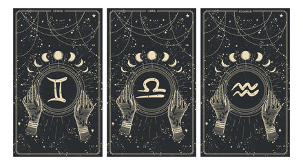 Wall Mural - gemini, libra, aodolay, set of cards with zodiac signs in vintage style on black background. vintage