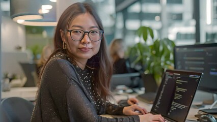 Poster - An Asian woman sits focused in front of a laptop, coding diligently, An Asian woman developer coding on a sleek laptop in a modern office setting