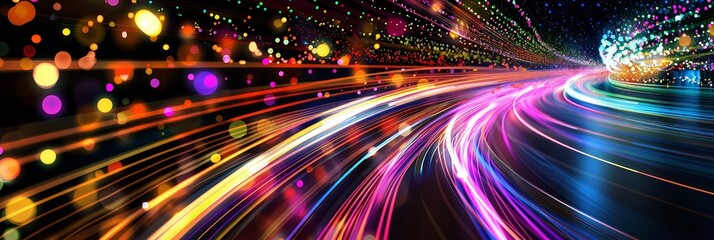 Sticker - Vibrant abstract image of colorful light trails and bokeh symbolizing technology communication and data transfer in a futuristic design.