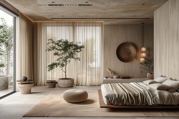 Wall Mural - A tranquil minimalist bedroom featuring hidden storage solutions, muted earth tones, gentle evening light, and matte finishes, creating a serene and spacious setting with detailed elements.