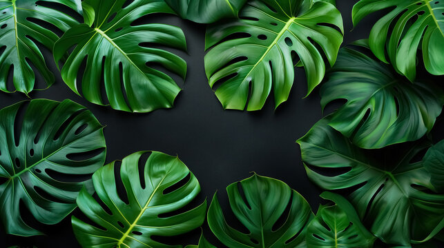 Monstera deliciosa background, green leaves on black background, top view