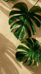 Wall Mural - Monstera leaves on the beige background with sun shadow